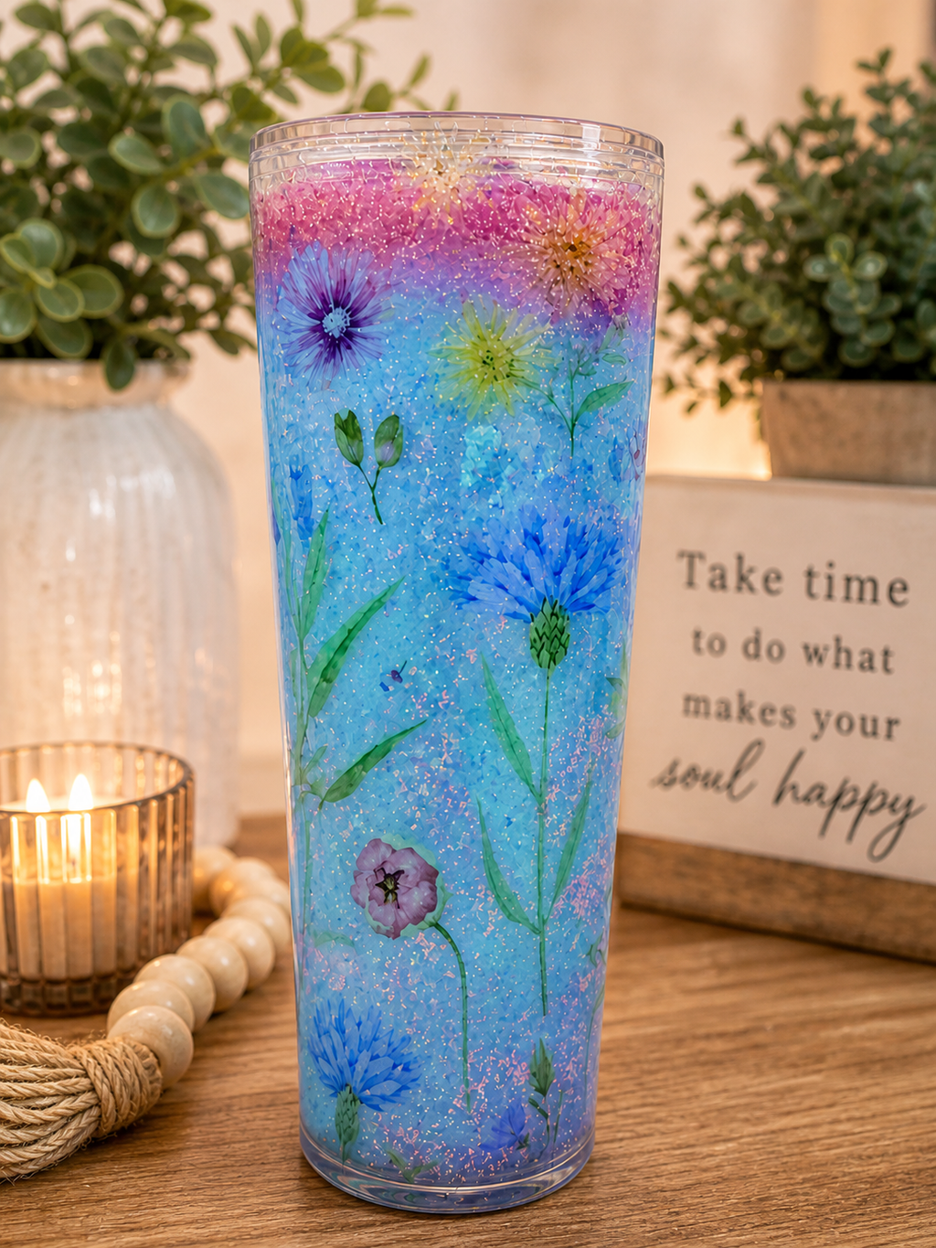 Pastel Wildflower Glitter Tumbler
